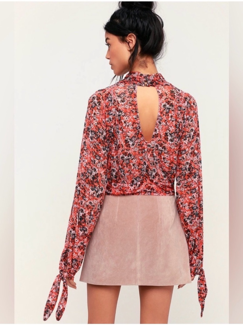 Free people all dolled up Floral Tie-Sleeve Mock Neck Top M
